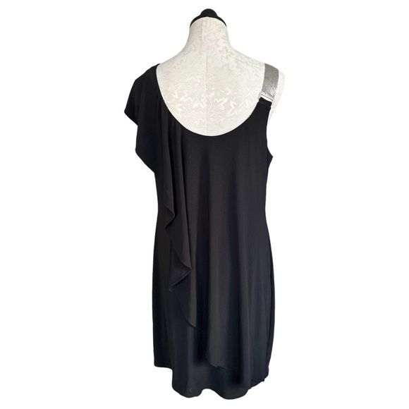 Black Cocktail Dress One Shoulder Silver Chain Strap One Flutter Fits Large - Picture 4 of 12